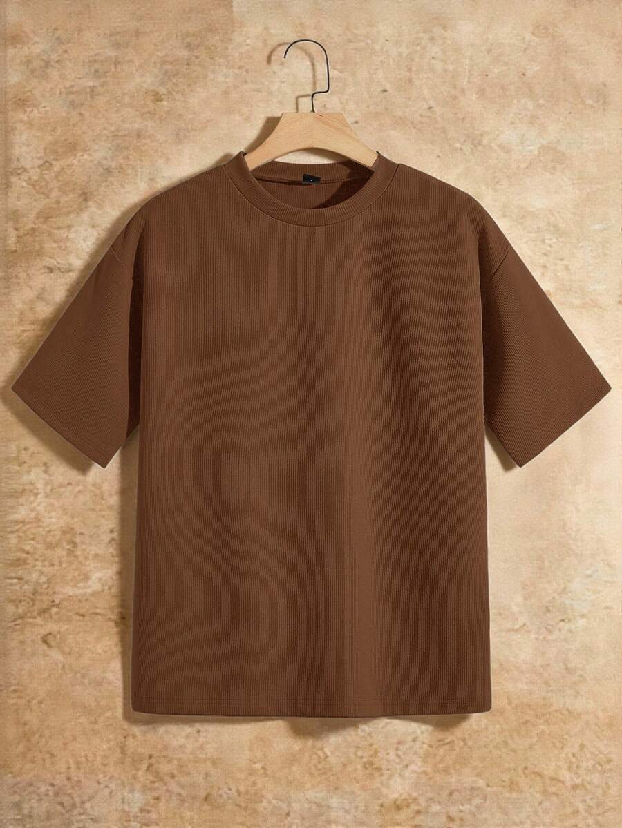 HIMLAND 宽松男士纯色落肩T恤 - 棕色 - 查看 1