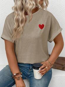 EMERY ROSE New Arrival Plus Size Women Heart Print Round Neck Short Sleeve T-Shirt - Khaki - View 5