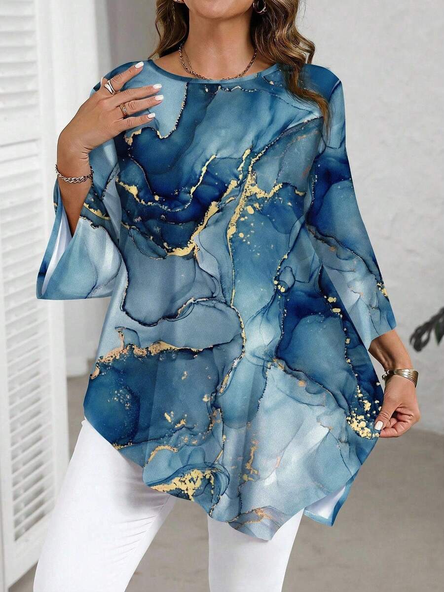 EMERY ROSE Casual Ink Marble Texture Pattern Round Neck Long Sleeve Plus Size Shirt, Suitable For Spring And Autumn - Multicolor - View 1