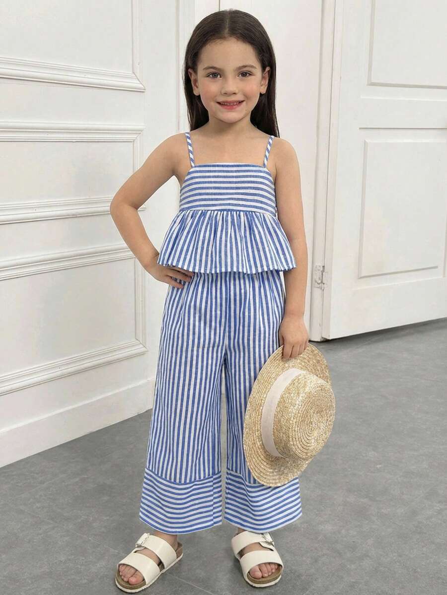 SHEIN Young Girl Casual Vacation College Commute Street Style Camisole Patchwork A-Line Woven Striped Top & Matching Patchwork Wide Leg Long Pants Set Young GirlS - Blue and White - View 1