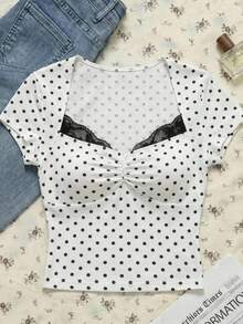 SHEIN EZwear Áo thun dệt kim nữ màu trắng nền, chấm bi đen, phối ren. - Đen và trắng - Xem 8
