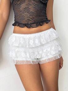 Aloruh Quần short nữ gợi cảm phong cách Punk Rock Bohemian Y2K ren đen xếp nếp siêu ngắn, quần short ren cạp siêu thấp mới. - Màu be - Xem 7