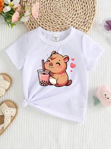 春夏少女休闲时尚创意个性清新简约可爱卡通水豚、珍珠奶茶、爱心图案印花宽松基础款短袖T恤，舒适日常穿着 - 白色 - 查看 7
