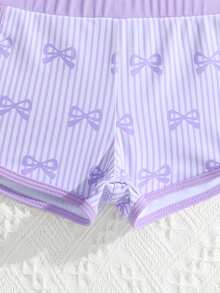 SHEIN Young Girls 2-Piece Tankinis Swimwear,Purple Bow Floral Print Long Sleeve Rash Guard Top With Ruffled Shorts,Cute Summer Beach Holiday Bathing Suits - Purple - View 4