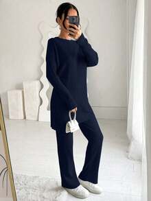 Cottnline 100%Cotton Women's Solid Color Striped Round Neck Top And Pants Two Piece Set - Navy Blue - View 5
