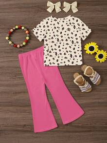 Young Girl Cartoon Print Short Sleeve T-Shirt And Flare Pants 2-Piece Set,Casual Leopard Rabbit Graphic Light Pink Summer Outfit For School & Sports - Multicolor - View 3