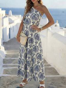 Balvessa Spring/Summer New Asymmetric Shoulder Collar Ruffle Hem Slit Digital Print Fitted Casual Elegant Dress For Women - Multicolor - View 6