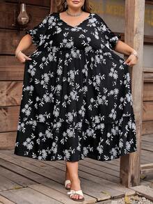 SHEIN CURVE+ Đầm dự tiệc dành cho nữ, cỡ US22, chất liệu vải thêu họa tiết cây cỏ, phong cách Bohemia, chất liệu bền chắc, thích hợp cho lễ hội âm nhạc, kỳ nghỉ biển. - màu đen - Xem 5
