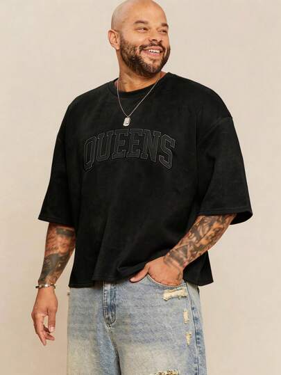 EASEVO 男士休闲宽松加大码黑色圆领T恤，绣花设计，夏季款