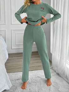 Loomlin 100%Cotton Letter Embroidery Ribbed Knit Lounge Set - Mint Green - View 4