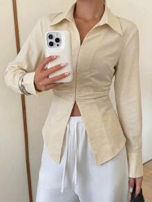 Modelyn 女士春夏黄色梭织长袖V领系腰纽扣A字优雅衬衫 - 黃色 - 查看 4