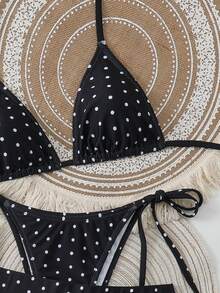 Swim Vcay 女士三件套热带波点印花露背系带裤侧系带宽松短裤沙滩度假休闲派对比基尼套装 - 彩色 - 查看 4