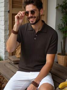 Manfinity Homme 男士纯色 Polo 领休闲短袖针织上衣 - 咖啡棕 - 查看 3