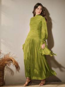 Anewsta 女士褶裥长裙，优雅时尚的正式礼服 - 芥末黃 - 查看 6