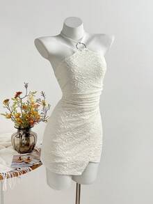 Elamini Women's Metal Ring Decor Halter Neck Jacquard Textured Sexy Mini Dress - Apricot - View 5