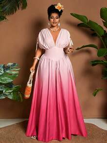 Maweii 大码女士优雅渐变印花系带蝴蝶结V领A字型长连衣裙，百搭设计，适合外出、度假、音乐节、春夏穿着 - 彩色 - 查看 3