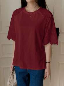 DAZY 女士蕾丝拼接优雅都市休闲短袖T恤 夏季 - 紅色 - 查看 4