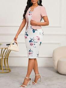 SHEIN Lady 优雅浪漫的印花两件套：粉色外套搭配黑色印花连衣裙 - 白色 - 查看 6