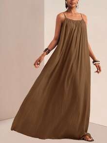 Zivah 夏季新音乐节复活节圣帕特里克节西部波西米亚风生日毕业学生日常休闲度假邮轮海滩日光浴爆款无袖可调节肩带竖纹宽松卡其色女装 - 鏽棕色 - 查看 7