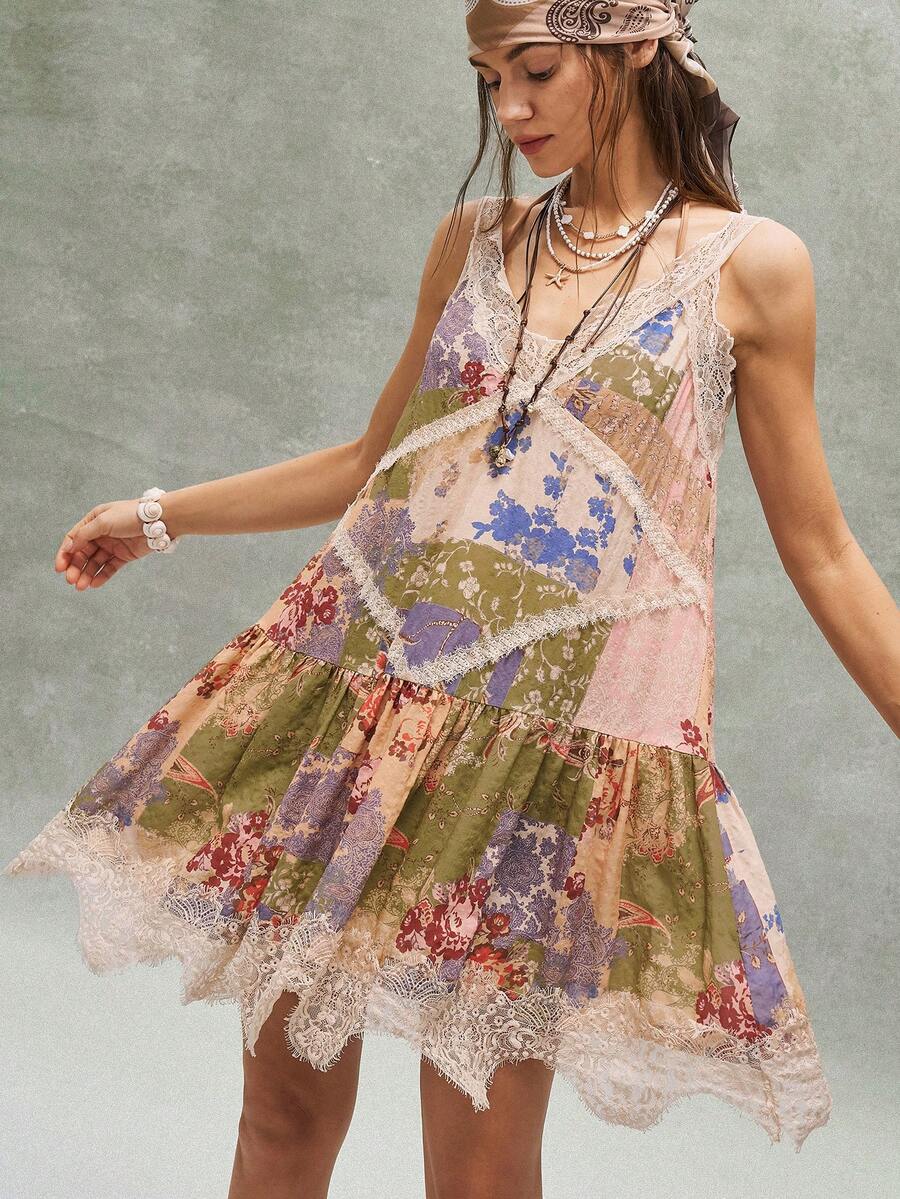 Bohemela 女士休闲印花蕾丝拼接无袖迷你连衣裙，适合度假 - 杏色 - 查看 1
