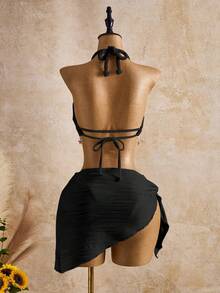 Bellisia 女士时尚米色波浪纹贝壳星形装饰吊带比基尼泳衣套装，春夏秋季 - 黑色 - 查看 2