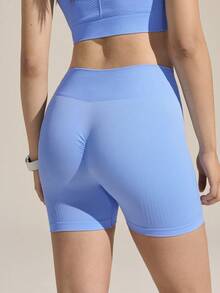 Exploreva Shorts de Ioga Sem Costura Femininos; Shorts Justos de Cintura Alta Que Afina o Quadril; Adequado para Caminhada, Corrida, Fitness, Uso Casual Diário - Azul - Visão 4