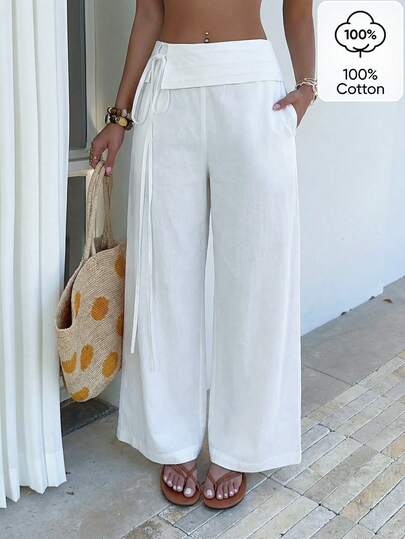 Sunnyshic Casual Solid Color Drawstring Waist Loose Pants