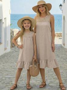 Emery Rose Kids Emery Rose Kids 少女夏季休闲度假荷叶边无袖连衣裙，米色夏季连衣裙，小女孩棕褐色连衣裙，少女/青少年度假连衣裙，青少年中性色连衣裙，米色鸡尾酒会连衣裙，米色A字短款圆领荷叶边连衣裙，夏季舞会礼服，优雅派对礼服，少女度假休闲纯色圆领无袖梭织连衣裙，夏季服装，夏季连衣裙，舞会礼服，沙滩连衣裙，吊带连衣裙，女孩亚麻连衣裙 - 杏色 - 查看 2