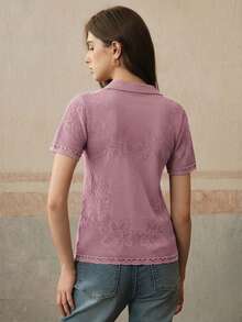 Anewsta Elegante y digna blusa de punto con escote en V, bordado floral y calado, para primavera/verano - Rosa - Ver 3