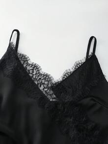 Franclia 女士优雅不对称蕾丝缎面吊带裙，2026春夏鸡尾酒会晚礼服，女士晚宴礼服，优雅晚礼服，正式礼服，高品质连衣裙，裹身裙，女士连衣裙，迷你连衣裙，黑色连衣裙，蕾丝边连衣裙，缎面蕾丝连衣裙，女士派对连衣裙 - 黑色 - 查看 4