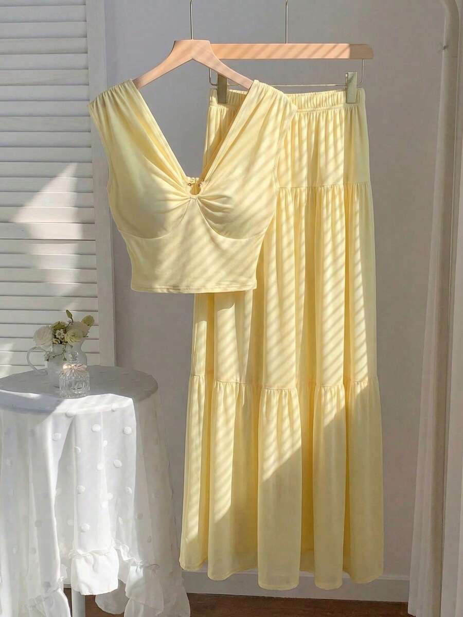 Modelyn Elegant Millet Yellow New Slim-Fit Crop Top With Elastic Waist Ruched Skirt, Spring/Summer