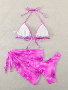 Swim Mod Women's Floral Print Halter Tie Swimwear Set - Purple - View 2