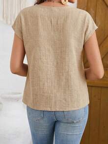 EMERY ROSE 女士纯色圆领蝙蝠袖短袖休闲亚麻质感衬衫，春夏款 - 卡其色 - 查看 2