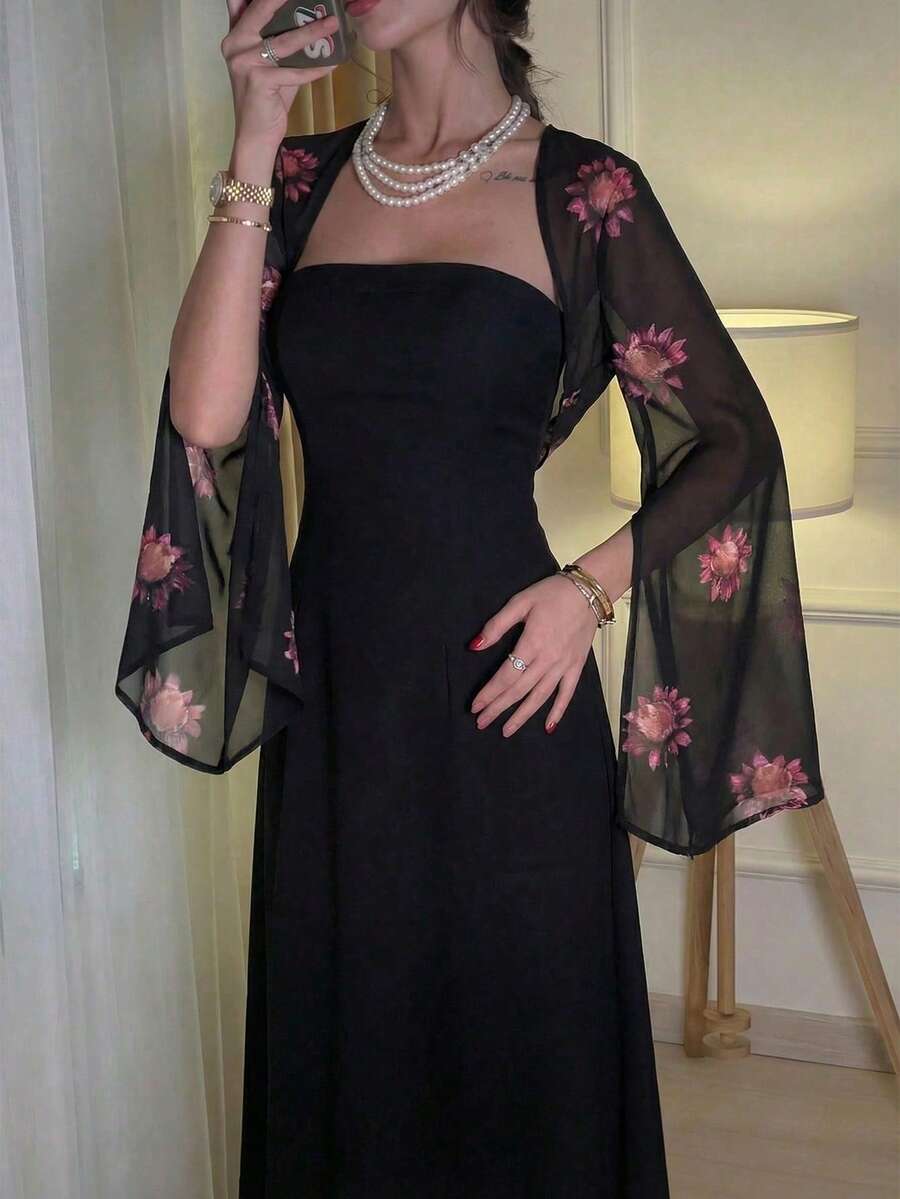 Firerie 女士优雅印花方领开衩袖中长连衣裙，秋季