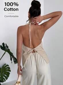 Firerie Women's Elegant Front Bow Tie Halter Linen Blouse - Apricot - View 3