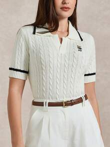 Briarwyn 夏季女士休闲撞色滚边小熊刺绣短袖毛衣，夏季/女士学院风麻花针织小熊刺绣撞色滚边Polo领短袖针织上衣，夏季，度假，复古风格，学院风 - 白色 - 查看 8
