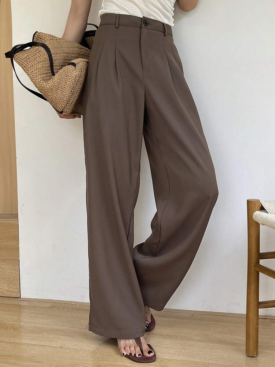DAZY Women's Solid Color Pleated Casual Versatile Commuting Pants - Rust Brown - View 1