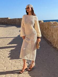 SHEIN Casual Knitted Cardigan With Hollow Design And Fringed Hem, For Summer Holidays At The Beach - Apricot - View 5