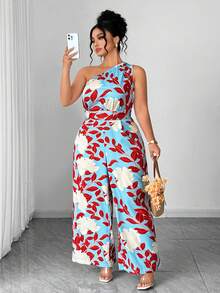 Elenzga Summer Fashion Casual Vacation French Retro Elegant Commuting Halter Waist Cinched Floral Jumpsuit - Blue - View 5