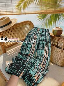 SHEIN CURVE+ Curve 尺码 US22 音乐节、海滨度假、波西米亚风 CURVE PLUS / / 女士条纹弹力腰阔腿宽松休闲裤 夏季/乡村/海滩度假装/海滩装/沙滩服饰 - 彩色 - 查看 11