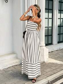 Serisse Đầm maxi nữ kẻ sọc xếp nếp, kiểu dáng thường ngày, thích hợp cho kỳ nghỉ. - Màu be - Xem 9
