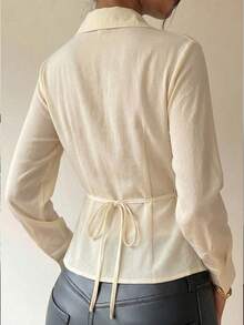 Modelyn 女士春夏黄色梭织长袖V领系腰纽扣A字优雅衬衫 - 黃色 - 查看 2