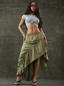 Denimoi Asymmetrical Hem Adjustable Drawstring Skirt Fashionable Streetwear - Olive Green - View 1