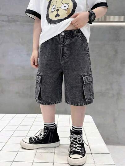 男童牛仔短裤，夏季新款街头工装风，深灰色水洗牛仔布，宽松大口袋，弹性腰带，舒适优质棉质牛仔面料，日常基础款，适合上学、运动等各种场合，夏季儿童牛仔短裤，男童五分裤