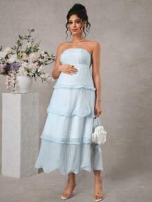 Momance 孕妇无肩带A字型层叠下摆长裙 - 淺藍色 - 查看 5