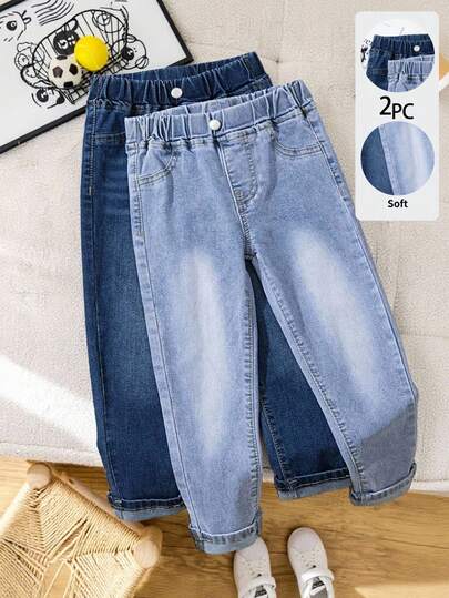 Boys'2PCS Denim Jeans, All-Season Style. Light Blue And Dark Blue Denim Colors, Casual And Simple Style, Perfect For Summer Vacations And Music Festivals. Stretch Denim Fabric For Comfortable And Soft Wear. Straight Leg Fit For A Stylish Look. Practical And Versatile For Various Occasions: Everyday Outings, Parties, Outdoor Activities, Home Wear, And Summer Vacations. Elastic Waist Jeans Cute Baggy Jeans For Kids 2 Piece Jeans