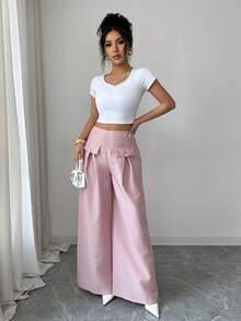 Elenzga Women's Pink Faux Pocket Design Elegant Wide Leg Pants For Commuting - Pink - View 3