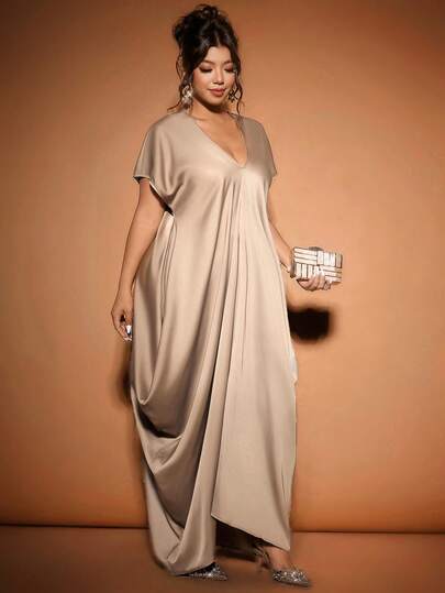 Cravure Plus Size Women's Elegant Woven Short Sleeve Shiny Fabric V-Neck Dress, Brown