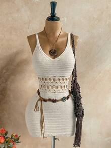 Hollow Crochet Knit Fitted Sexy Spaghetti Strap Women Sweater Dress, Spring/Summer - Beige - View 3