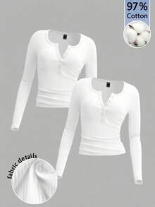 Tseoso 97%纯棉女士亨利领两件套，纽扣长袖T恤，白色 - 白色 - 查看 1